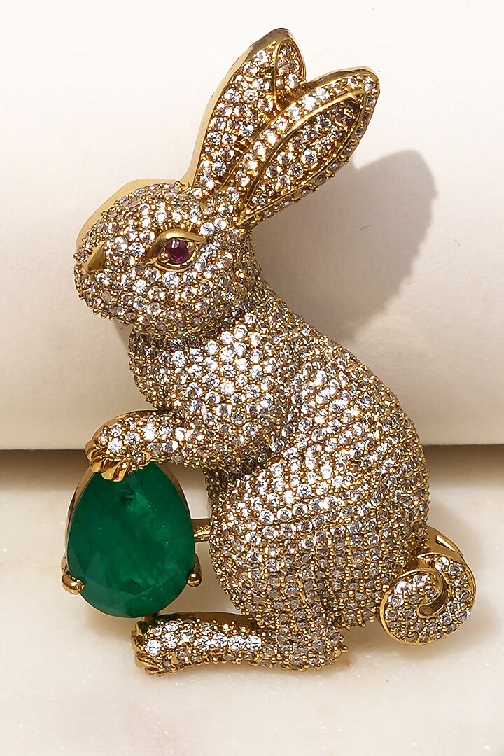 Gold Finish Diamond & Green Stone Bunny Bliss Brooch by Beryachi at Pernia's Pop Up Shop