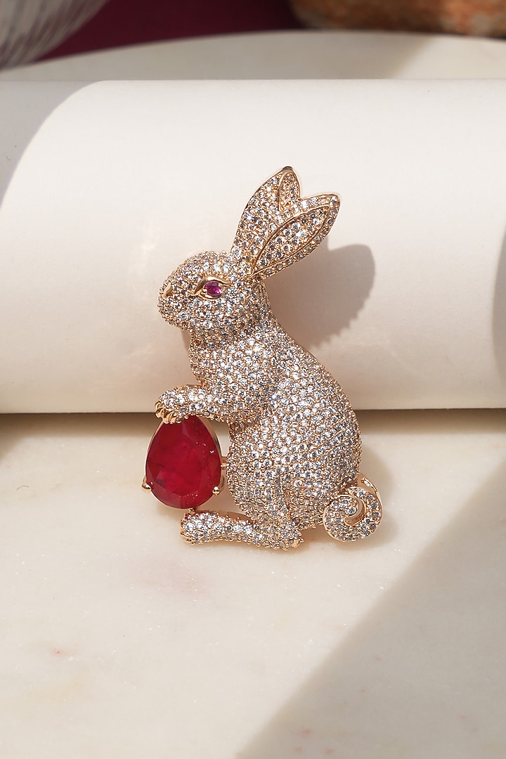 Rose Gold Finish Diamond & Red Stone Bunny Bliss Brooch by Beryachi at Pernia's Pop Up Shop