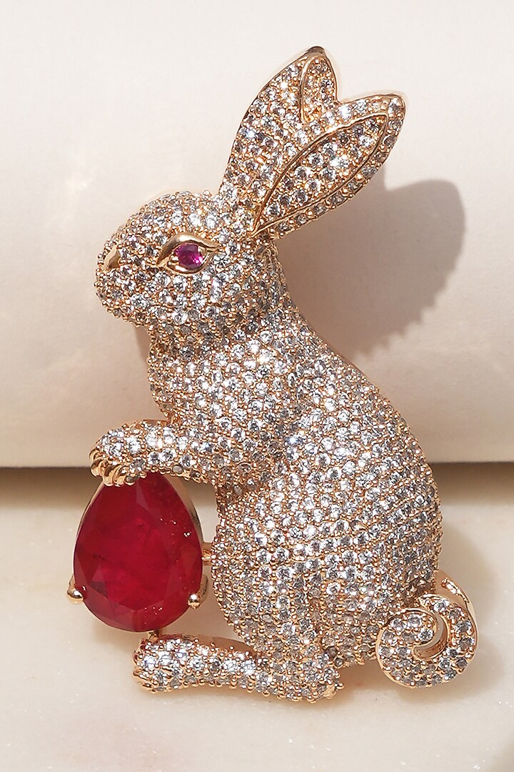 Rose Gold Finish Diamond & Red Stone Bunny Bliss Brooch by Beryachi at Pernia's Pop Up Shop