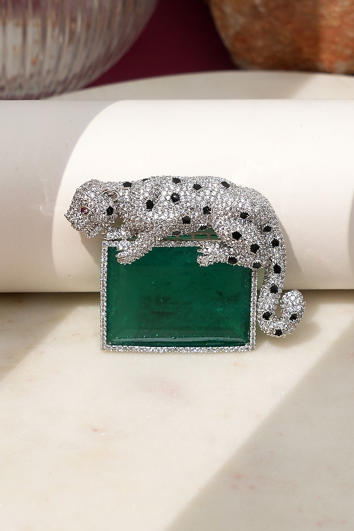 White Finish Diamond & Green Stone Alpha Jaguar Brooch by Beryachi at Pernia's Pop Up Shop