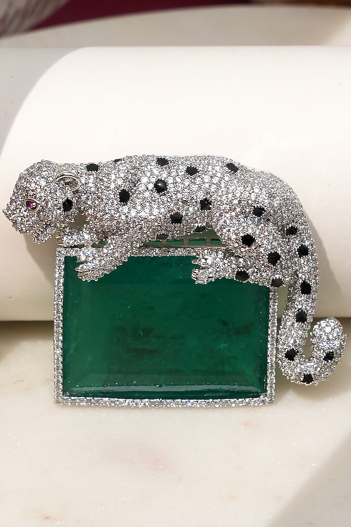 White Finish Diamond & Green Stone Alpha Jaguar Brooch by Beryachi at Pernia's Pop Up Shop