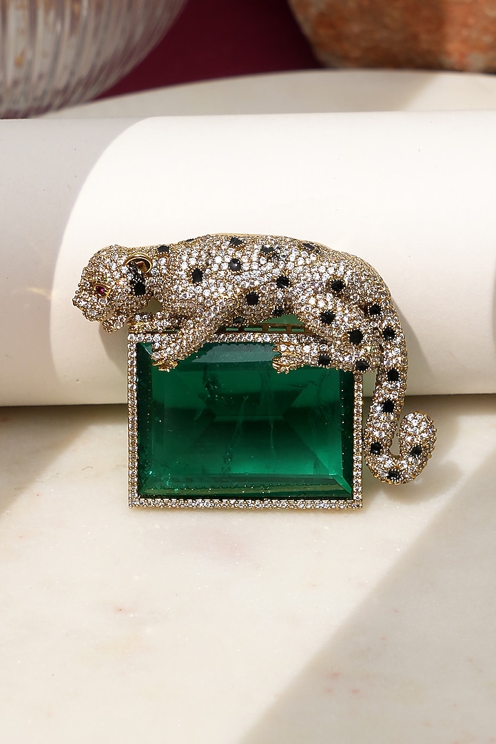 Gold Finish Diamond & Green Stone Alpha Jaguar Brooch by Beryachi at Pernia's Pop Up Shop