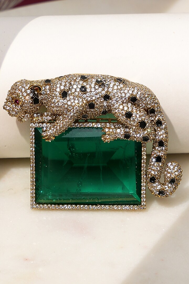 Gold Finish Diamond & Green Stone Alpha Jaguar Brooch by Beryachi at Pernia's Pop Up Shop