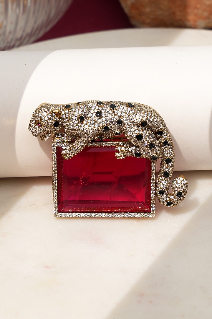 Gold Finish Diamond & Red Stone Alpha Jaguar Brooch by Beryachi at Pernia's Pop Up Shop