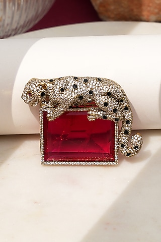 Gold Finish Diamond & Red Stone Alpha Jaguar Brooch by Beryachi