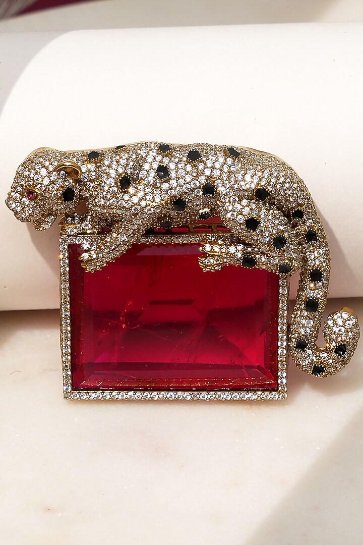 Gold Finish Diamond & Red Stone Alpha Jaguar Brooch by Beryachi at Pernia's Pop Up Shop