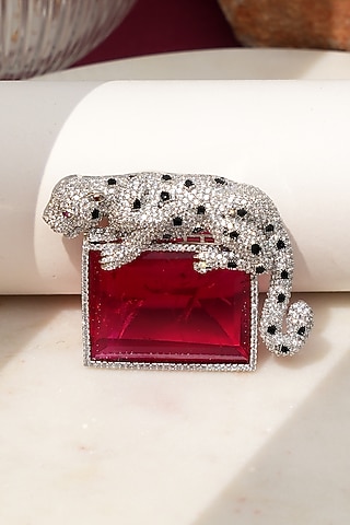 White Finish Diamond & Red Stone Alpha Jaguar Brooch by Beryachi