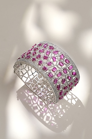 White Finish Diamond & Pink Stone Openable Bracelet by Beryachi