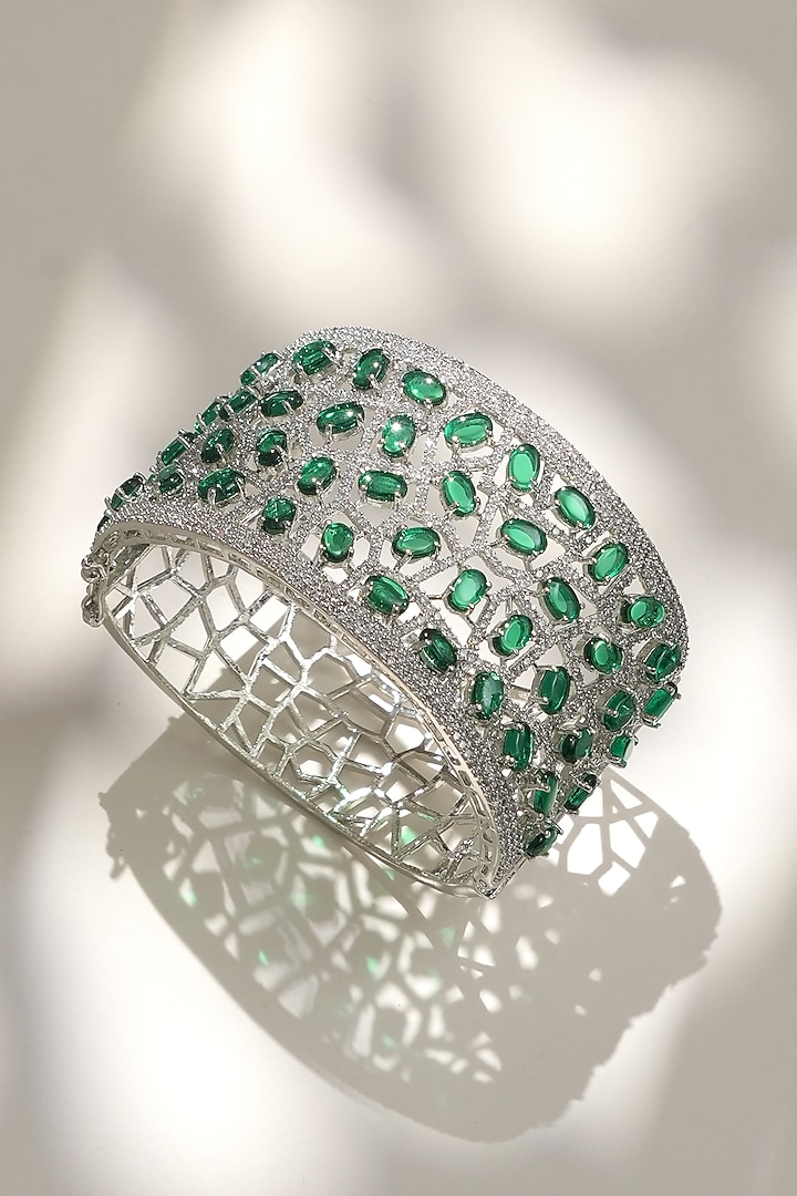 White Finish Diamond & Green Stone Openable Bracelet by Beryachi at Pernia's Pop Up Shop