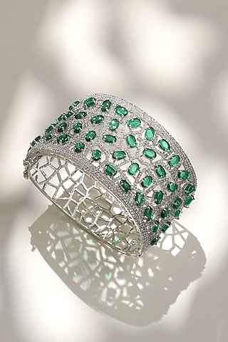 White Finish Diamond & Green Stone Openable Bracelet by Beryachi