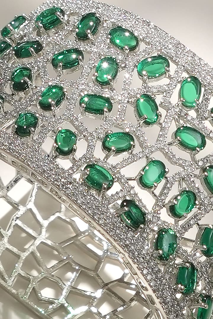 White Finish Diamond & Green Stone Openable Bracelet by Beryachi at Pernia's Pop Up Shop