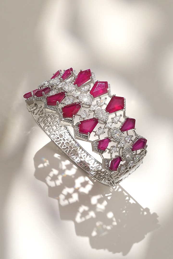 White Finish Diamond & Red Stone Openable Floral Bracelet by Beryachi at Pernia's Pop Up Shop