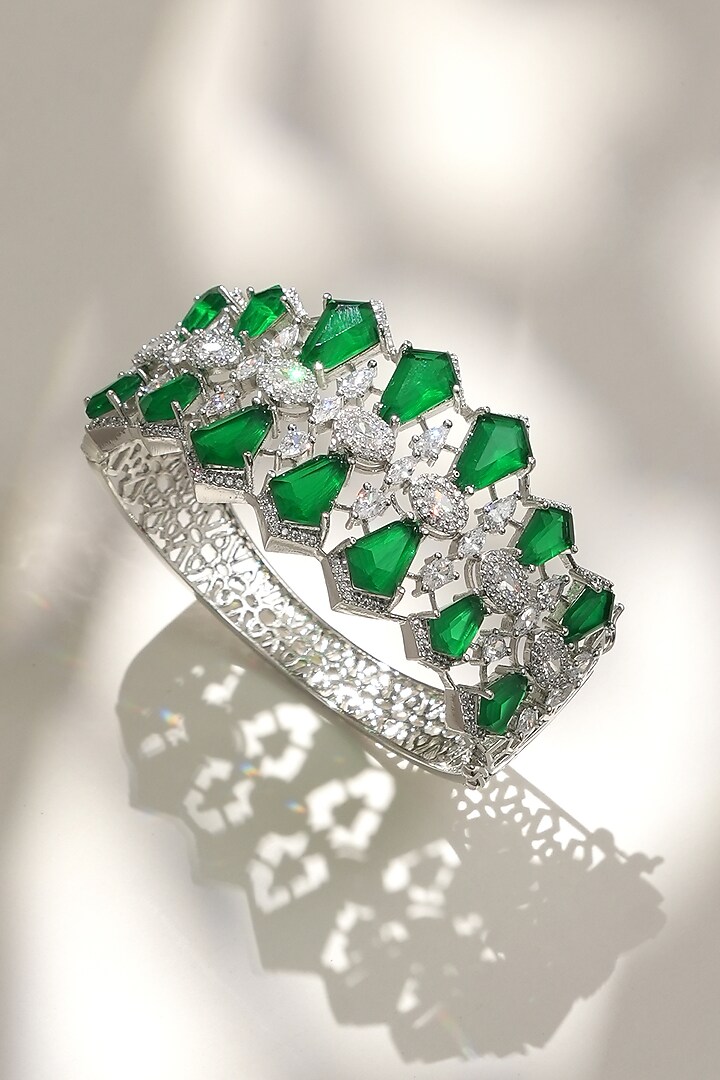 White Finish Diamond & Green Stone Openable Floral Bracelet by Beryachi at Pernia's Pop Up Shop
