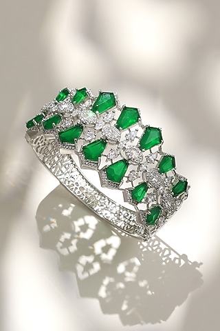 White Finish Diamond & Green Stone Openable Floral Bracelet by Beryachi