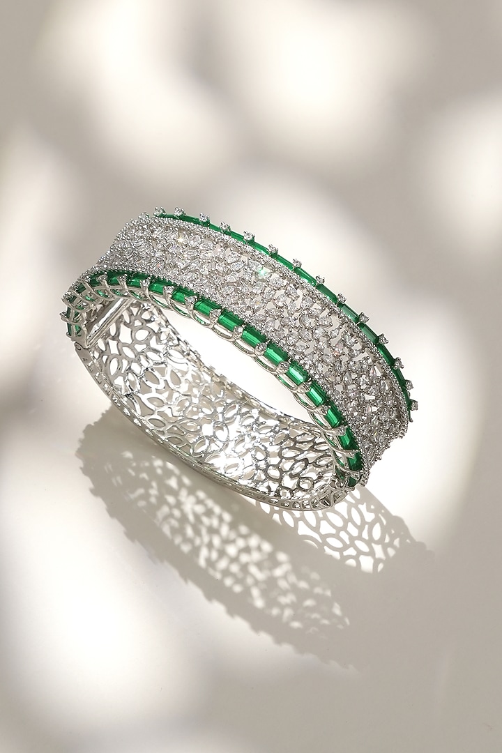 White Finish Diamond & Green Stone Openable Halo Bracelet by Beryachi at Pernia's Pop Up Shop