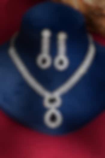 White Finish Diamond & Blue Crystal Pendant Necklace Set by Beryachi at Pernia's Pop Up Shop