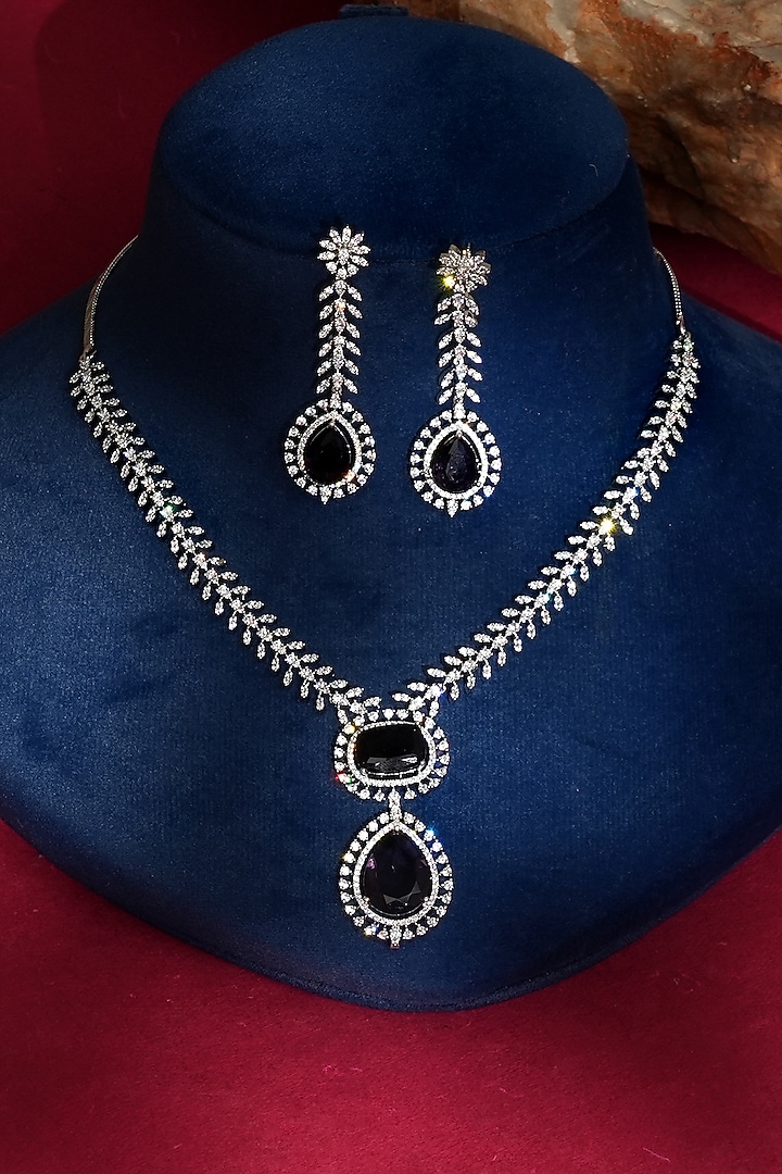 White Finish Diamond & Blue Crystal Pendant Necklace Set by Beryachi at Pernia's Pop Up Shop