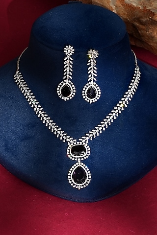 White Finish Diamond & Blue Crystal Pendant Necklace Set by Beryachi