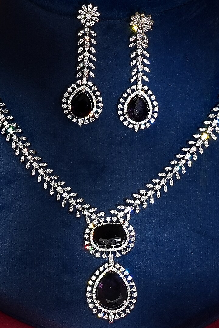 White Finish Diamond & Blue Crystal Pendant Necklace Set by Beryachi at Pernia's Pop Up Shop