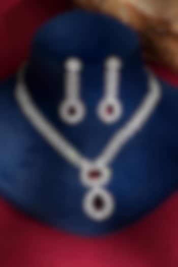 White Finish Diamond & Red Crystal Pendant Necklace Set by Beryachi at Pernia's Pop Up Shop
