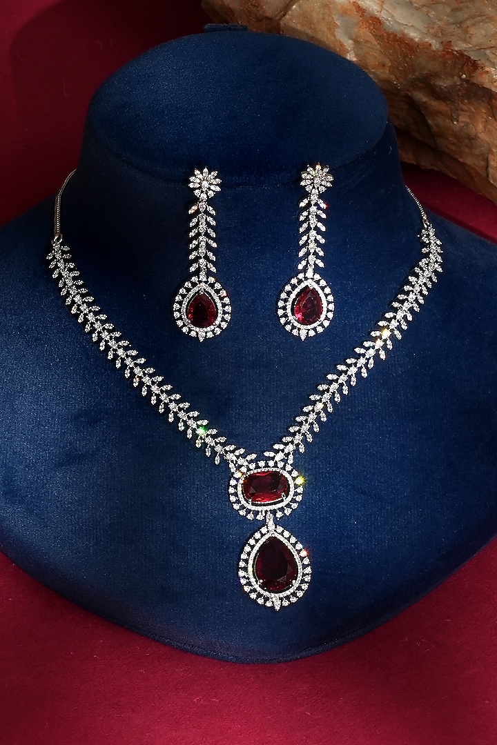 White Finish Diamond & Red Crystal Pendant Necklace Set by Beryachi at Pernia's Pop Up Shop