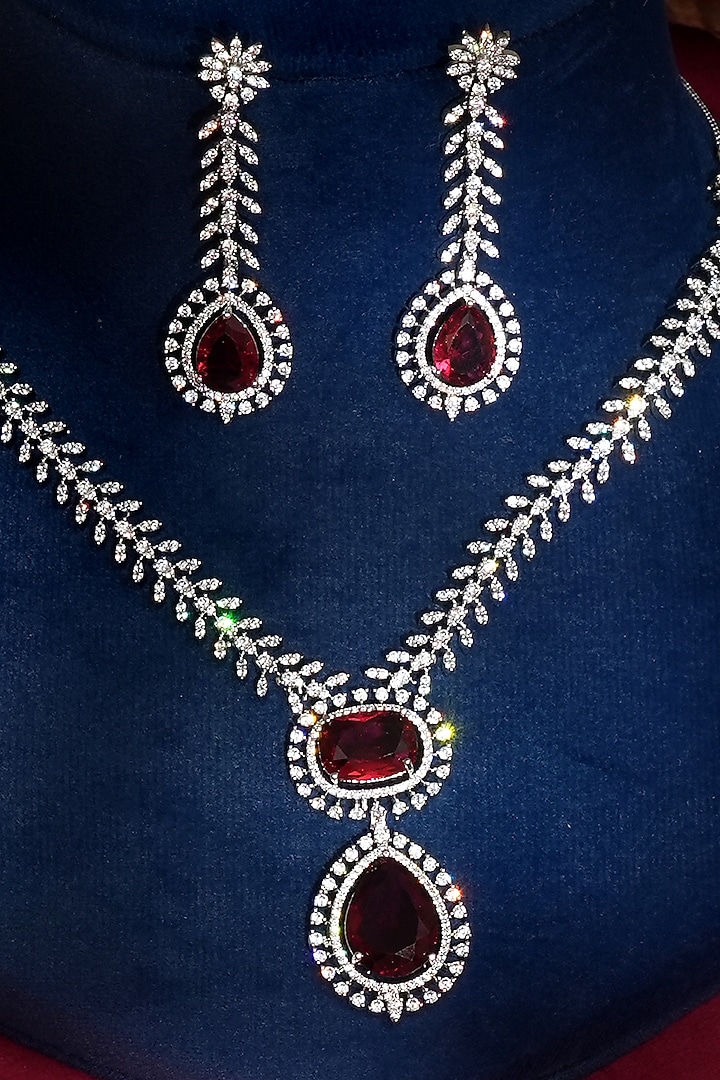 White Finish Diamond & Red Crystal Pendant Necklace Set by Beryachi at Pernia's Pop Up Shop