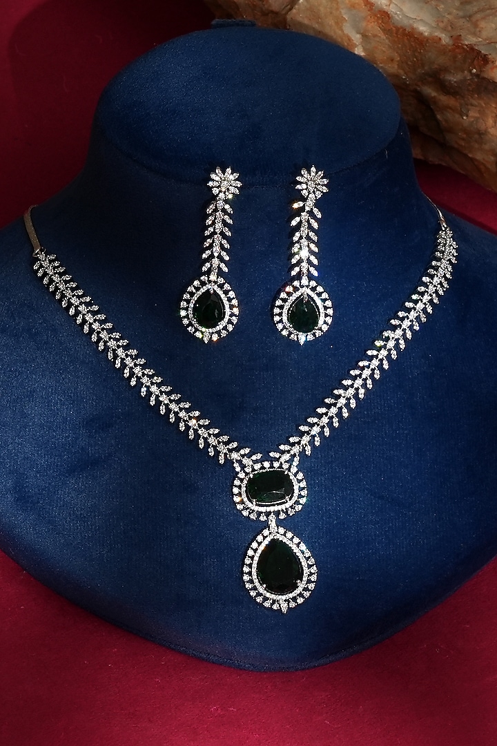 White Finish Diamond & Green Crystal Pendant Necklace Set by Beryachi at Pernia's Pop Up Shop