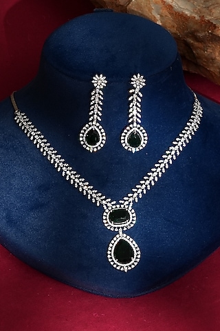 White Finish Diamond & Green Crystal Pendant Necklace Set by Beryachi