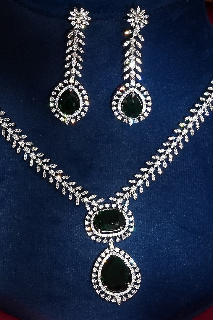 White Finish Diamond & Green Crystal Pendant Necklace Set by Beryachi at Pernia's Pop Up Shop