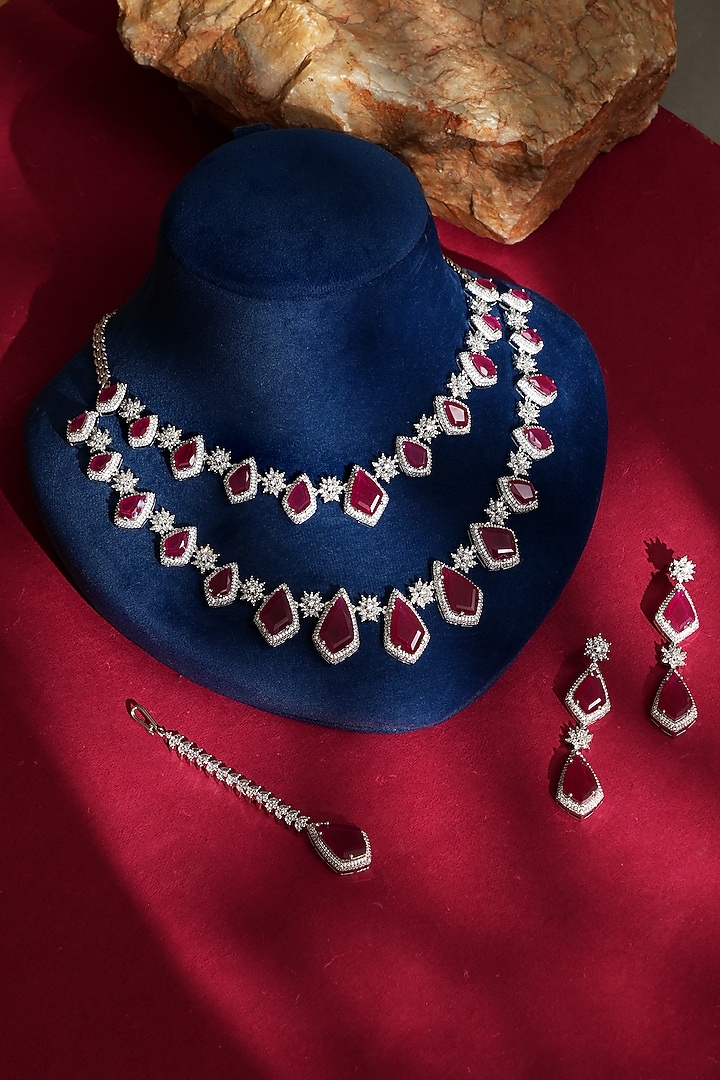 White Finish Diamond & Red Crystal Necklace Set by Beryachi at Pernia's Pop Up Shop