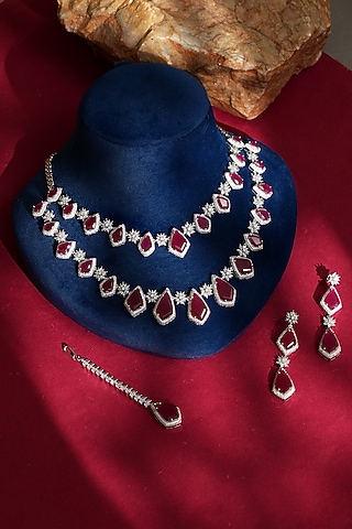 White Finish Diamond & Red Crystal Necklace Set by Beryachi