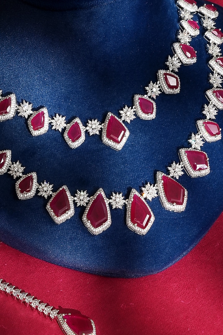 White Finish Diamond & Red Crystal Necklace Set by Beryachi at Pernia's Pop Up Shop