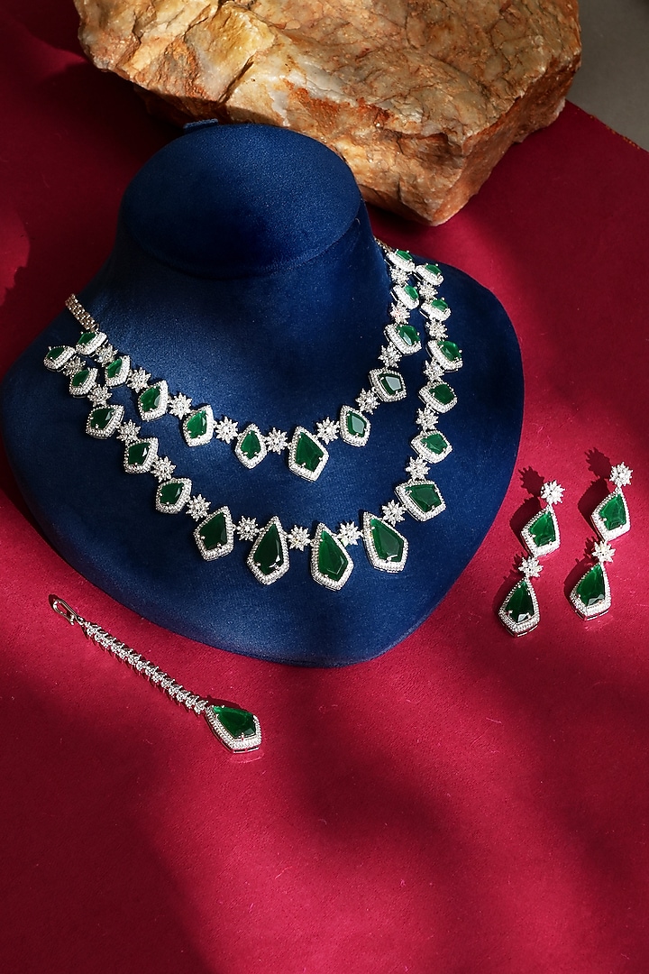 White Finish Diamond & Green Crystal Necklace Set by Beryachi at Pernia's Pop Up Shop