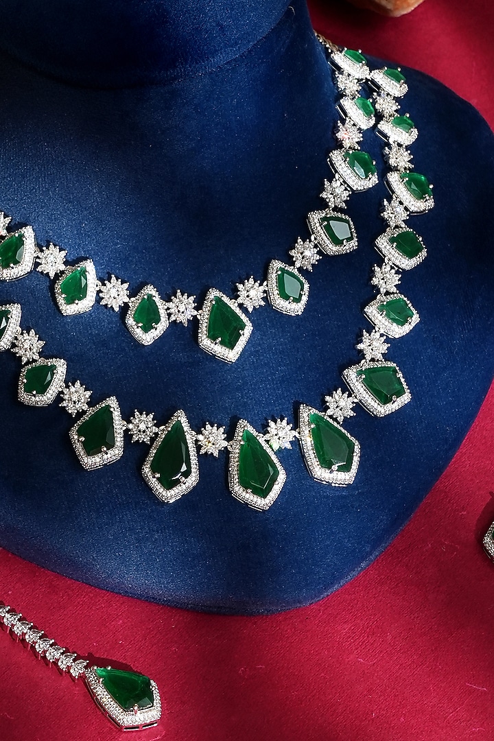 White Finish Diamond & Green Crystal Necklace Set by Beryachi at Pernia's Pop Up Shop