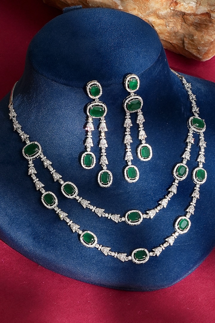 White Finish Diamond & Green Crystal Necklace Set by Beryachi at Pernia's Pop Up Shop