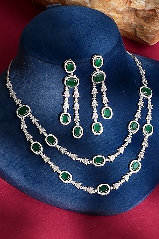 White Finish Diamond & Green Crystal Necklace Set by Beryachi