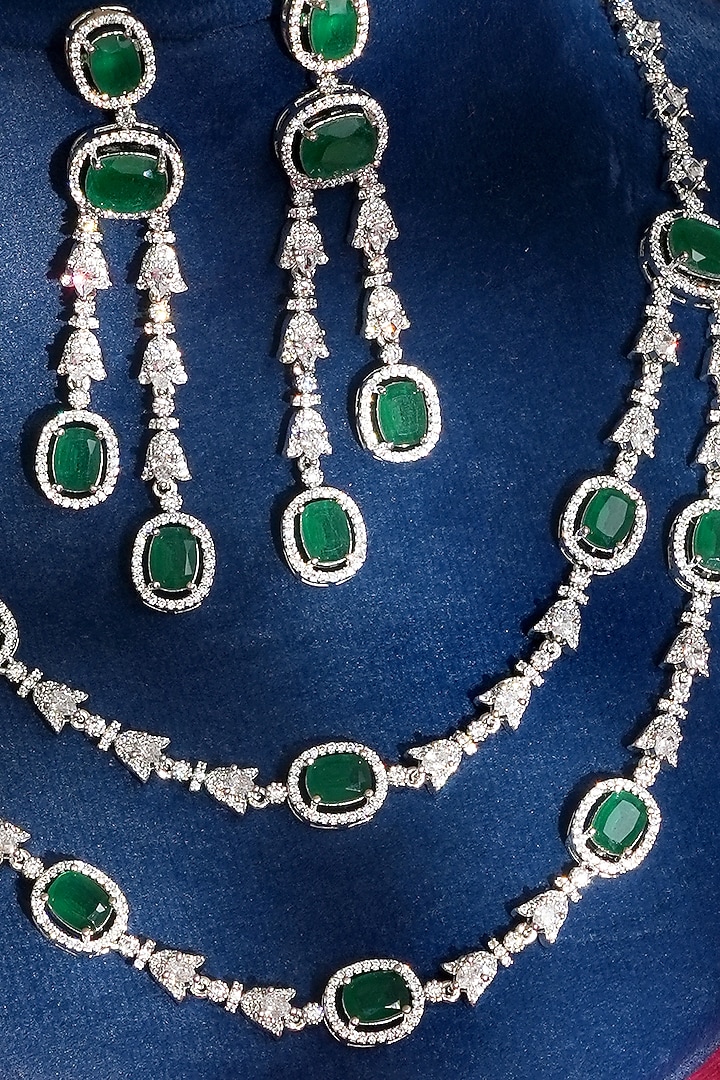 White Finish Diamond & Green Crystal Necklace Set by Beryachi at Pernia's Pop Up Shop