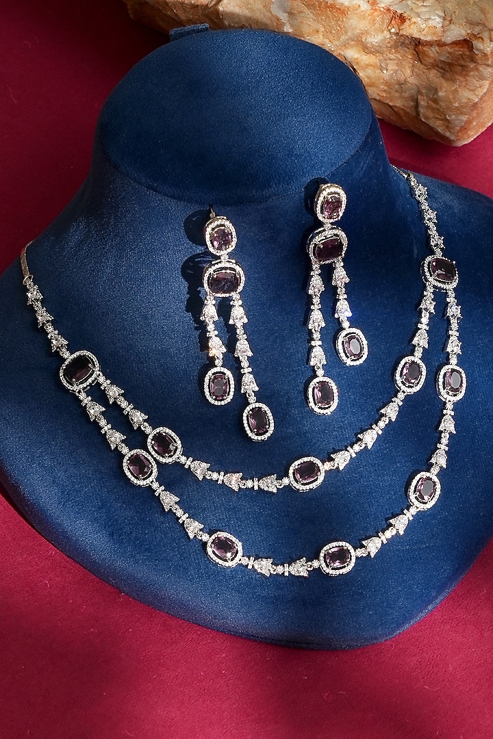 White Finish Diamond & Purple Crystal Necklace Set by Beryachi at Pernia's Pop Up Shop