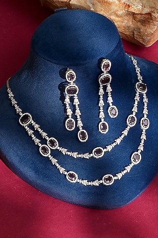 White Finish Diamond & Purple Crystal Necklace Set by Beryachi