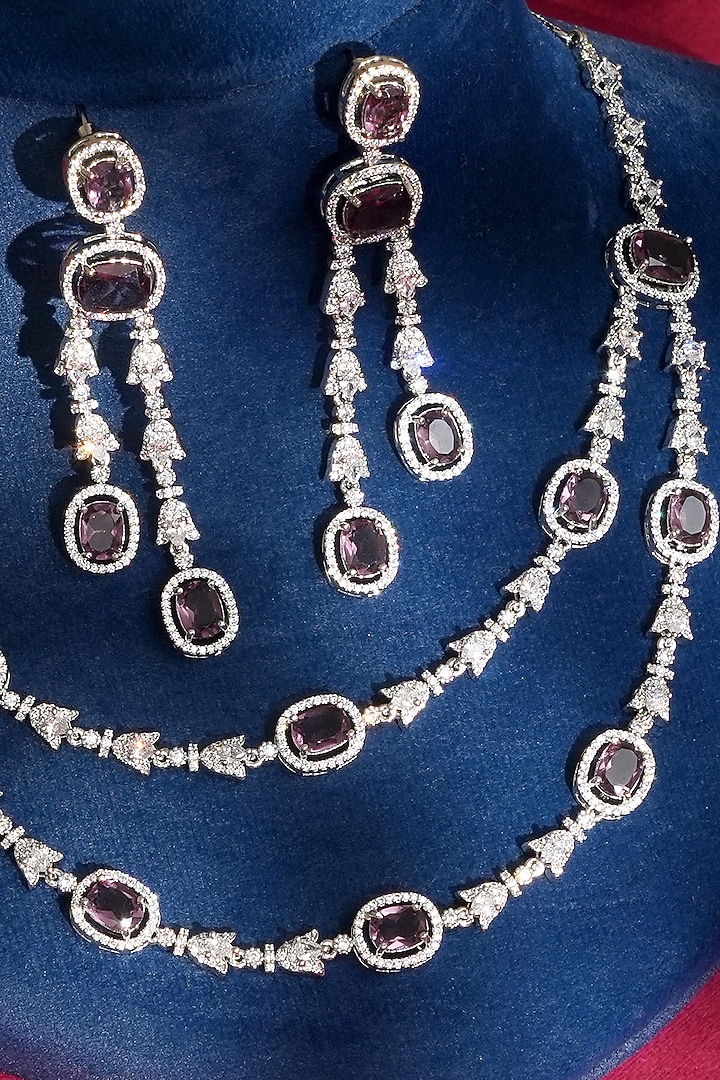 White Finish Diamond & Purple Crystal Necklace Set by Beryachi at Pernia's Pop Up Shop