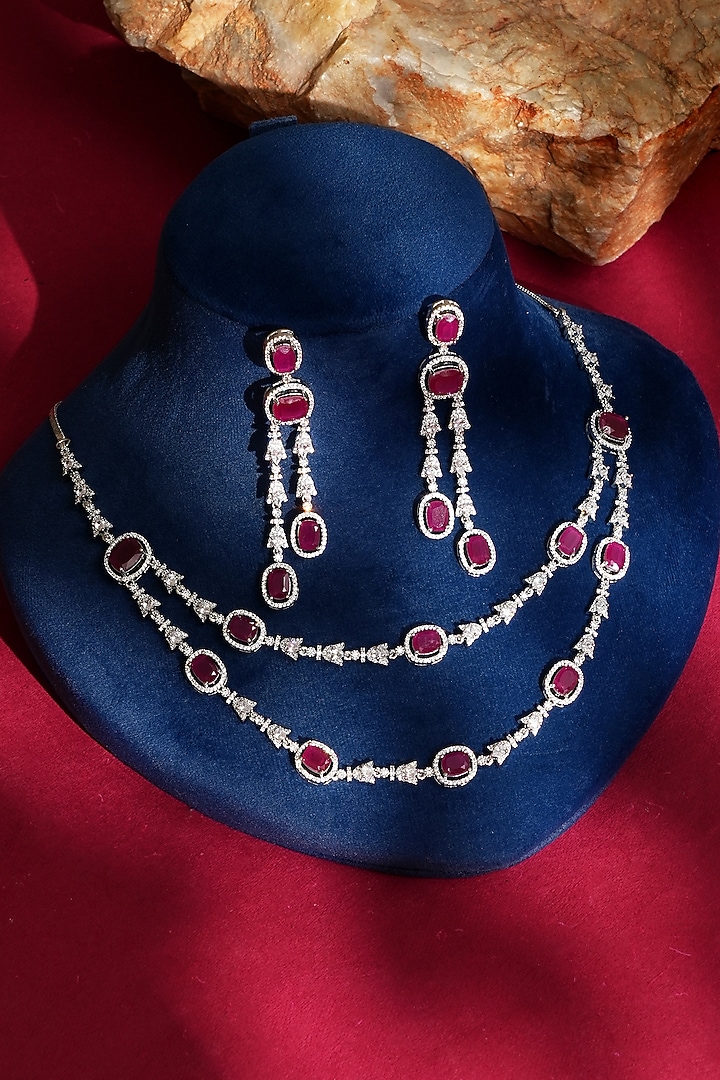 White Finish Diamond & Ruby Necklace Set by Beryachi at Pernia's Pop Up Shop