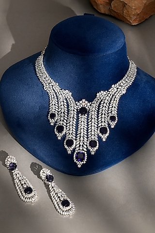 White Finish Diamond & Sapphire Choker Necklace Set by Beryachi