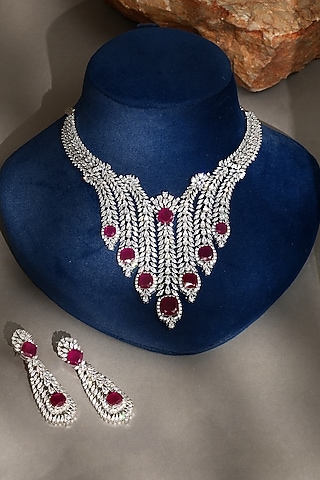 White Finish Diamond & Ruby Choker Necklace Set by Beryachi