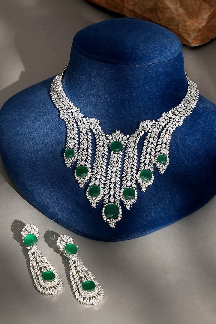White Finish Diamond & Emerald Choker Necklace Set by Beryachi at Pernia's Pop Up Shop