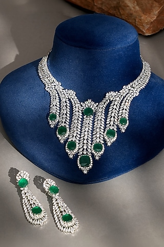 White Finish Diamond & Emerald Choker Necklace Set by Beryachi
