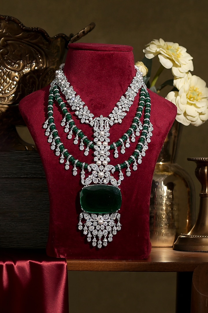 White Finish Diamond & Emerald Necklace Set by Beryachi at Pernia's Pop Up Shop