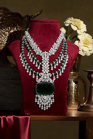 White Finish Diamond & Emerald Necklace Set by Beryachi