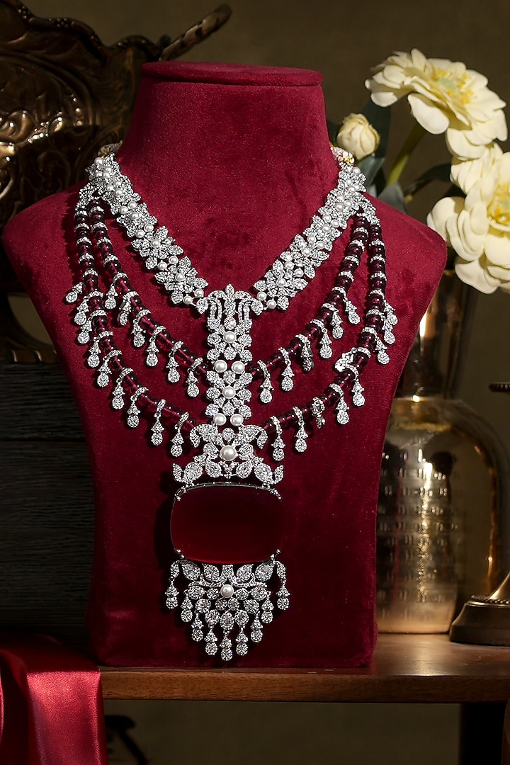 White Finish Diamond & Ruby Necklace Set by Beryachi at Pernia's Pop Up Shop