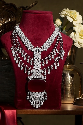 White Finish Diamond & Ruby Necklace Set by Beryachi