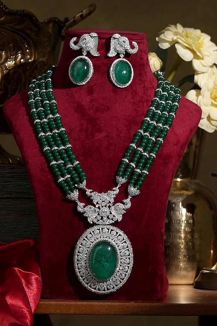 White Finish Diamond & Emerald Necklace Set by Beryachi at Pernia's Pop Up Shop
